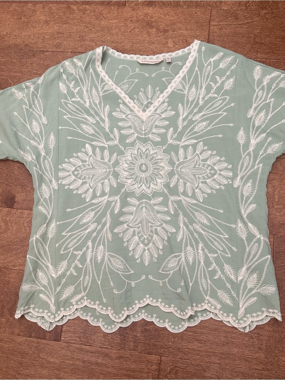 Soft Surroundings Sage Embroidered V-Neck rayon blouse with cotton embroidery